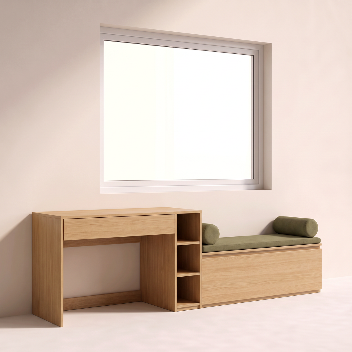 Window Seat Study built-in honey ash unit under a window with desk and drawer, open shelves and olive upholstered window seat with bolsters, front three-quarter view