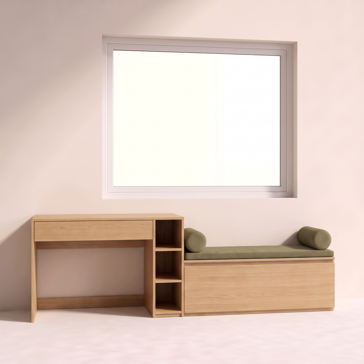 Window Seat Study in honey ash veneer with olive cushioned window seat, straight front view