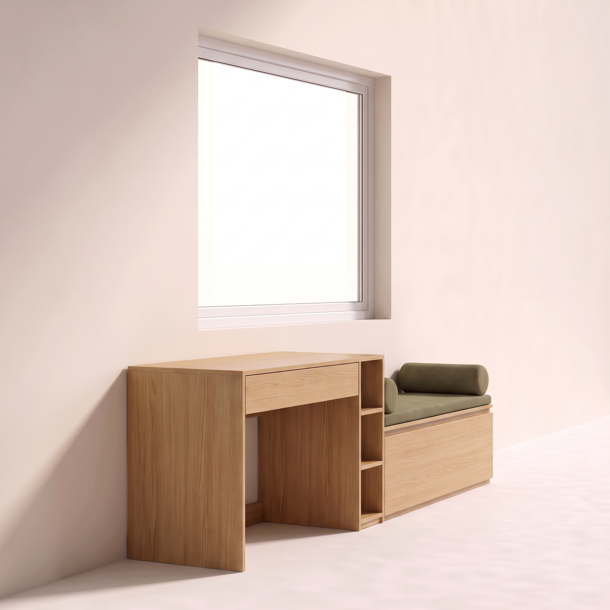 Window Seat Study honey ash desk end with shelves and olive window seat beyond, left side view
