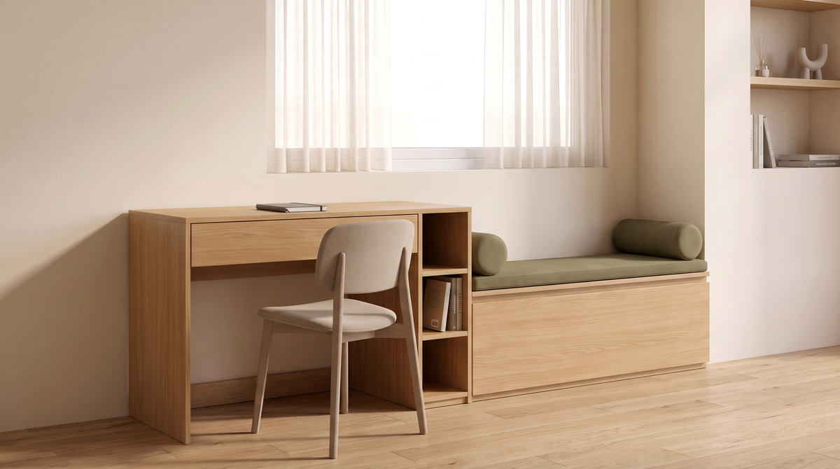 Window Seat Study styled under a sunlit window in a calm home study with a neutral chair